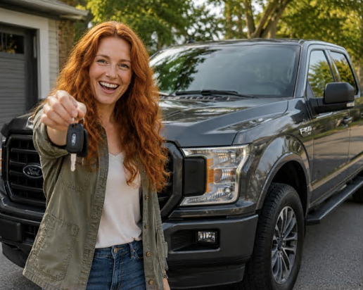 Woman holding up car keys after purchasing a vehicle, representing the benefits of a Canadian Record Suspension and new financial opportunities.