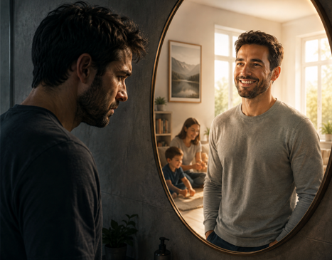 Man reflecting on his past while seeing a confident future self with his family, representing the benefits of a Canadian Record Suspension.
